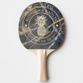 Pala De Ping Pong Crest de Boda de Mármol Negro y Piña Dorada y Nomb