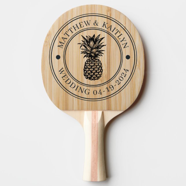 Pala De Ping Pong Cresta de boda de piña de bambú blanco y nombres (Reverso)