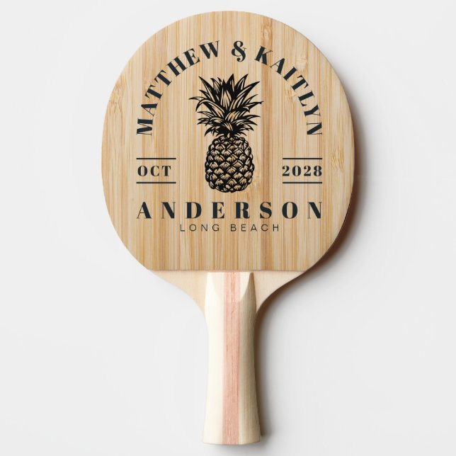 Pala De Ping Pong Cresta de Boda de Piña Tropical de Bambú Blanco (Reverso)