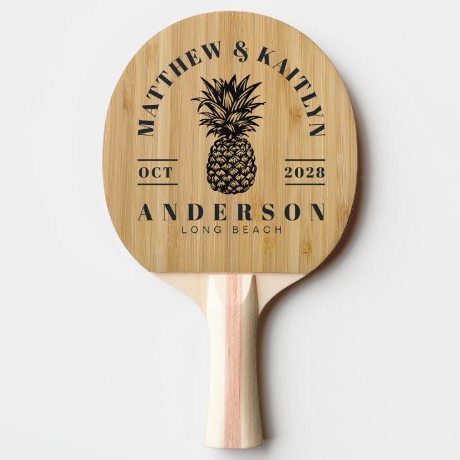 Pala De Ping Pong Cresta de Boda de Piña Tropical de Bambú Oscuro (Reverso)