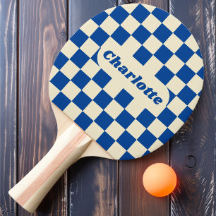 Pala De Ping Pong Cuadros de Azul Marino y Crema con Nombre