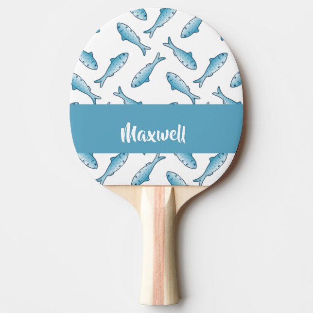 Pala De Ping Pong Custom name blue fish on white (Anverso)