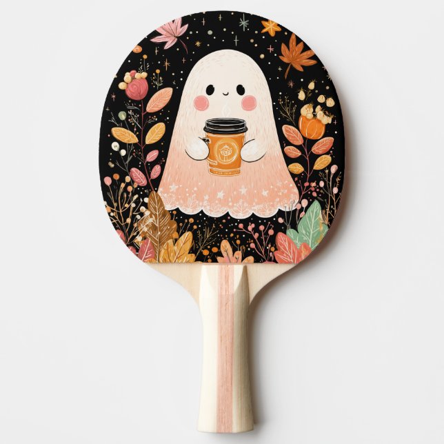 Pala De Ping Pong Cute Autumn Ghost with Pumpkin Coffee – Cozy Fall  (Anverso)