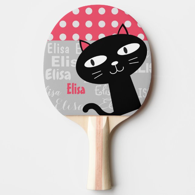 Pala De Ping Pong Cute gato negro rosado puntos de polka agregar tu  (Anverso)