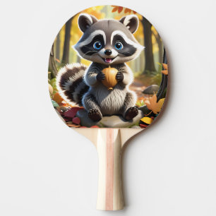 Pala De Ping Pong Cute Kawaii estilo Racoon sosteniendo una bellota