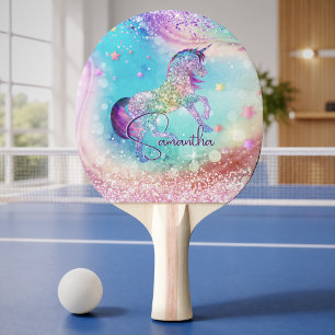 Pala De Ping Pong Cute unicornio rosa Glitter arcoíris aqua monogram