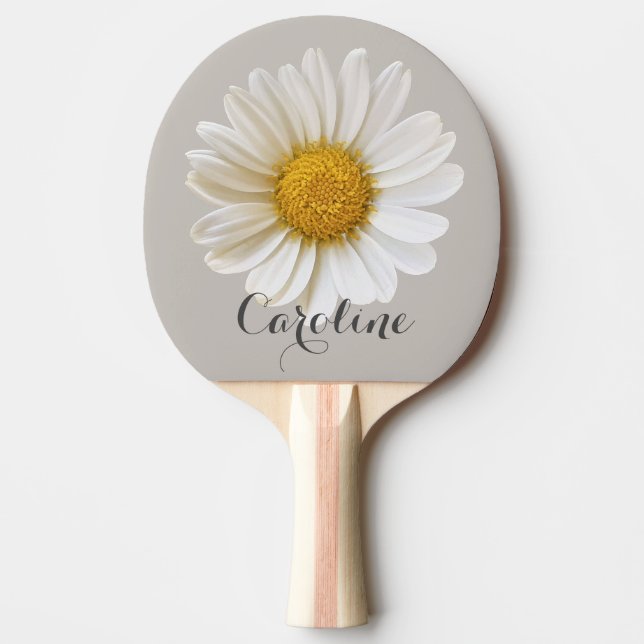 Pala De Ping Pong Daisy blanco con nombre personalizado gris (Anverso)
