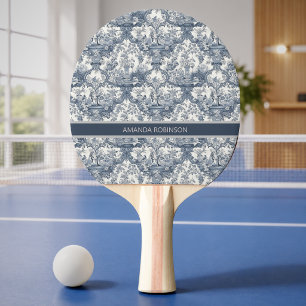 Pala De Ping Pong Damascado floral vintage Monograma azul toile de j