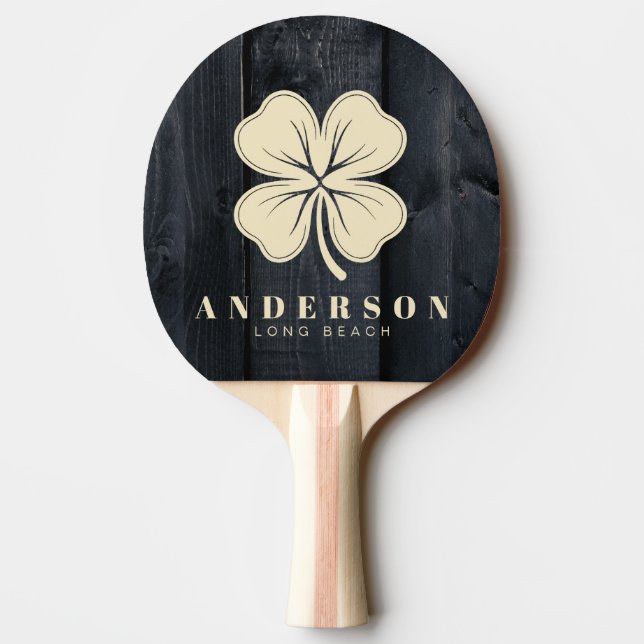 Pala De Ping Pong Dark Burnt Wood Four Leaf Clover with Name (Reverso)