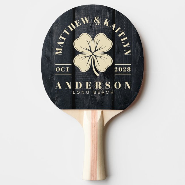 Pala De Ping Pong Dark Burnt Wood Irish Lucky Clover Wedding Crest (Anverso)