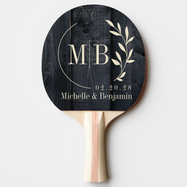 Pala De Ping Pong Dark Burnt Wood Leaf Wedding Monogram (Reverso)