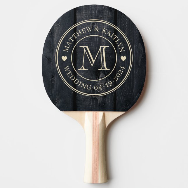 Pala De Ping Pong Dark Burnt Wood Wedding Monogram Heart (Anverso)
