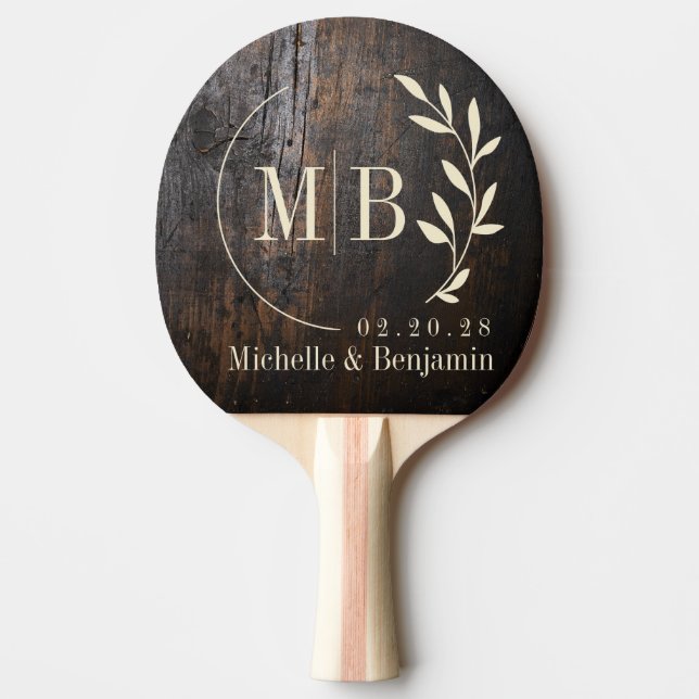 Pala De Ping Pong Dark Chopping Block Leaf Wedding Monogram (Anverso)