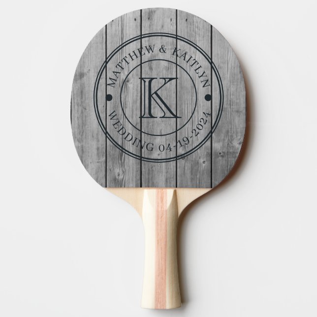 Pala De Ping Pong Dark Clean Gray Wood Wedding Monogram (Reverso)
