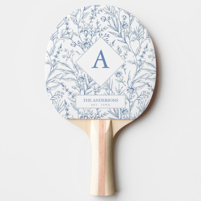 Pala De Ping Pong Delicado Monograma Floral Azul Ping Pong Paddle (Anverso)