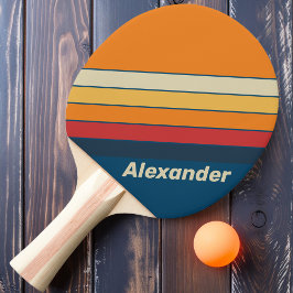 Pala De Ping Pong Deportivo Vintage Azul con Rayas de Arcoíris y Nom