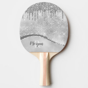 Pala De Ping Pong Destellos y brillo de plata, nombre y monograma