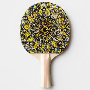 Pala De Ping Pong Diseño de Mandala Dibujado a Mano Verde Amarillo
