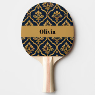 Pala De Ping Pong Diseño de Motivo Vintage de Damasco Dorado y Azul
