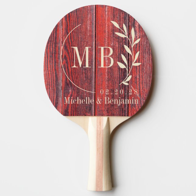 Pala De Ping Pong Distressed Barn Boards Leaf Wedding Monogram (Reverso)
