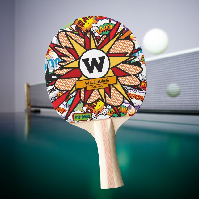 Pala De Ping Pong Divertido libro de historietas de monograma con no (Fun Modern Family Name Monogram Comic Book Ping Pong Paddle)