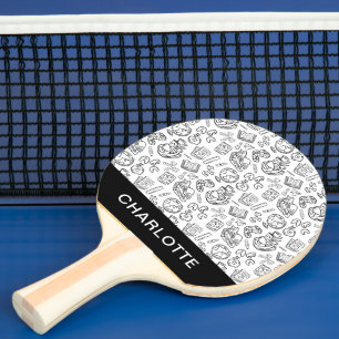 Pala De Ping Pong Doodle escolar personalizado en blanco y negro dib