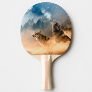 Pala De Ping Pong Dos lobos aullan en la luna llena en el bosque