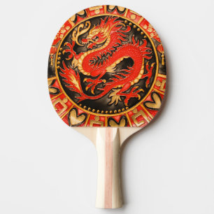 Pala De Ping Pong Dragón chino tradicional de oro rojo