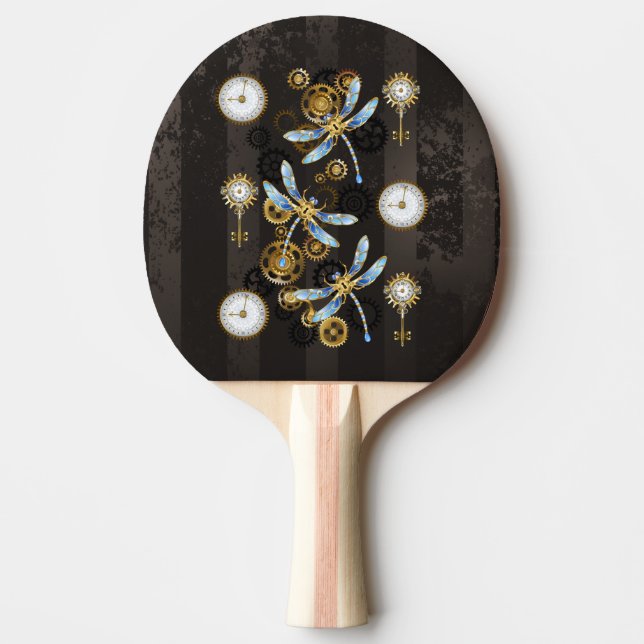 Pala De Ping Pong Dragoniscos de Steampunk sobre fondo rayado marrón (Anverso)