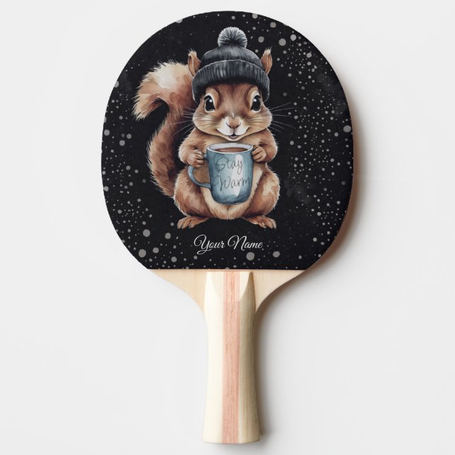 Pala De Ping Pong Eichhörnchen mit Tasse und Schnee „Stay Warm“ (Anverso)