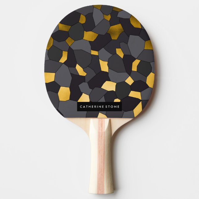 Pala De Ping Pong Elegante gris dorado y mosaico negro (Anverso)