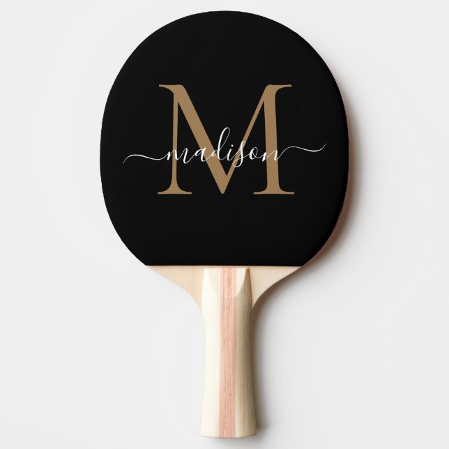 Pala De Ping Pong Elegante Monograma de Oro Negro Elegante Nombre de (Anverso)