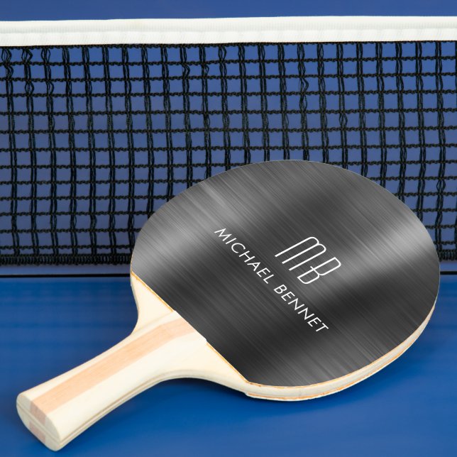 Pala De Ping Pong Elegante Monograma metálico negro (in situ)
