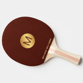 Pala De Ping Pong Elegante Monograma Nombre Cuero Rojo y Oro