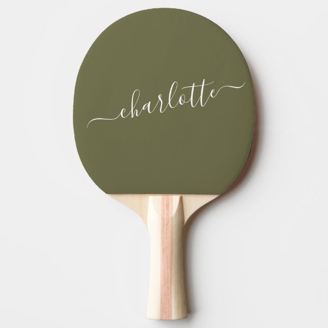 Pala De Ping Pong Elegante Nombre de guión verde oliva personalizado (Anverso)