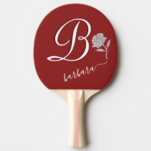 Pala De Ping Pong Elegante Personalizado Rojo Monograma Purpurina   