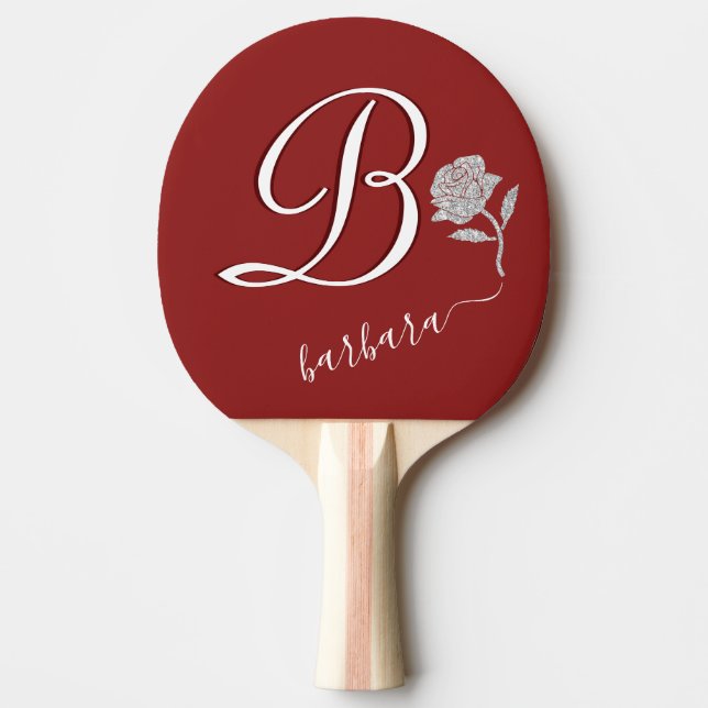 Pala De Ping Pong Elegante Personalizado Rojo Monograma Purpurina    (Anverso)