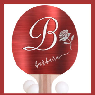 Pala De Ping Pong Elegante Personalizado Rojo Monograma Purpurina Ro