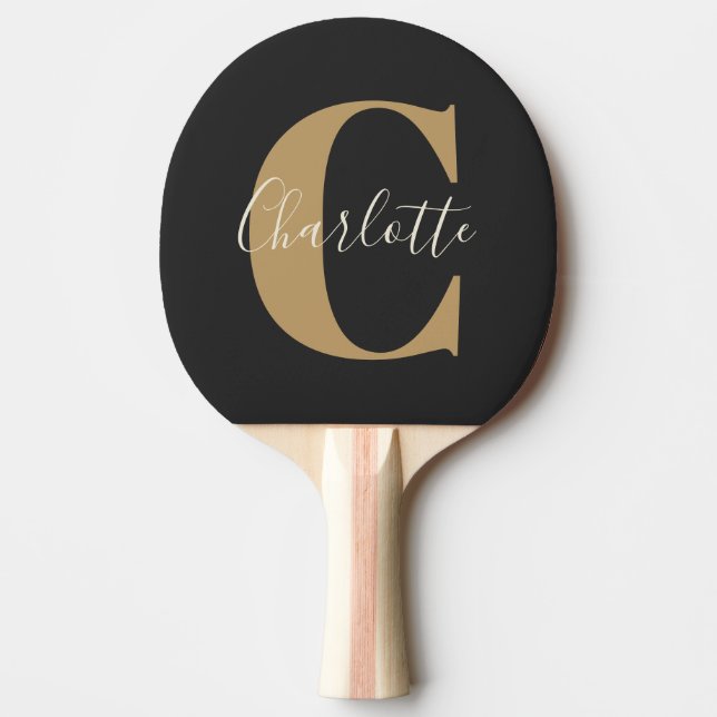Pala De Ping Pong Elegante y moderno nombre de monograma en oro negr (Anverso)