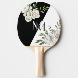 Pala De Ping Pong Elegantes Iniciales de Monograma Floral Blanco y N