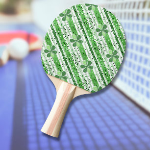 Pala De Ping Pong Elegantes Rayas Blancas y Verdes Trebol Brillante