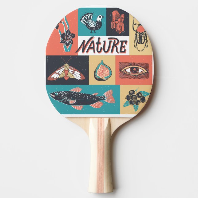Pala De Ping Pong Elementos Naturales, Iconos De Estilo Retro. (Anverso)