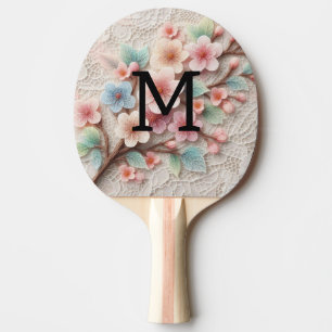 Pala De Ping Pong Encaje de monograma floral rosa pastel flor de cer