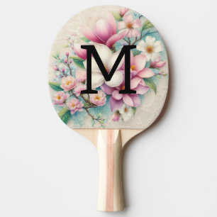 Pala De Ping Pong Encaje de monograma flores de magnolia rosadas y m