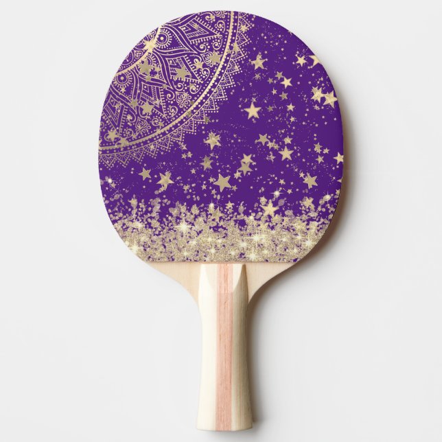 Pala De Ping Pong Encantando Mandala con estrellas de oro en morado (Anverso)