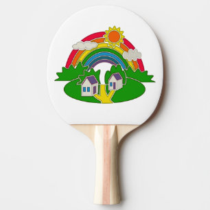 Pala De Ping Pong Escena rural personalizado con arcoiris y casa de