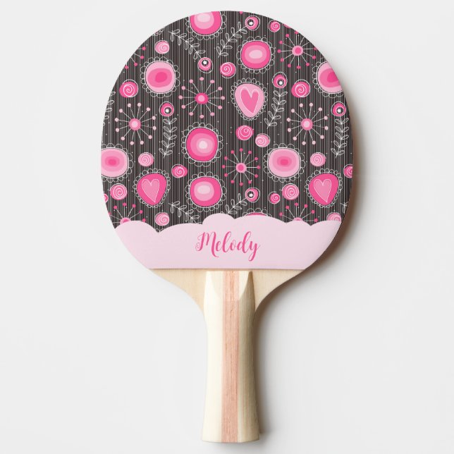 Pala De Ping Pong Espectaculares corazones grises rosados y florales (Anverso)