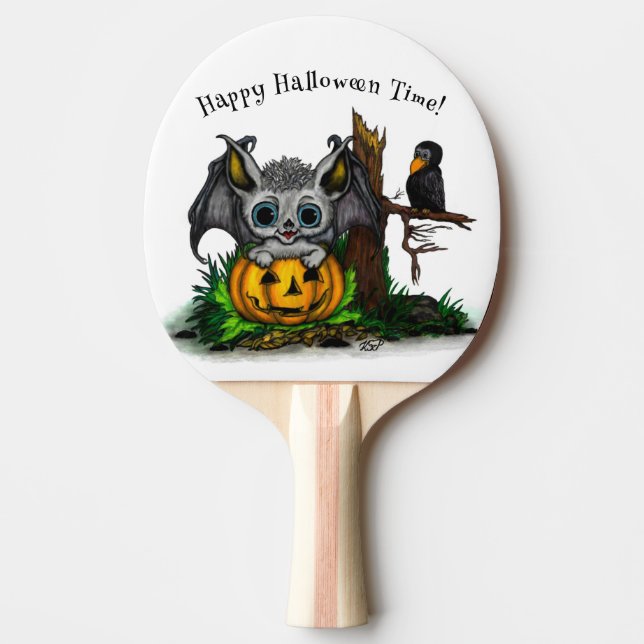 Pala De Ping Pong Esperando Halloween , Cute Bat y Raven (Anverso)