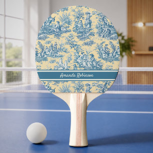 Pala De Ping Pong Estampado vintage en teal amarillo toile de jouy