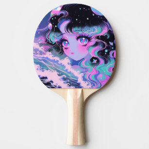 Pala De Ping Pong Estrella Chica Kawaii bajo olas cósmicas